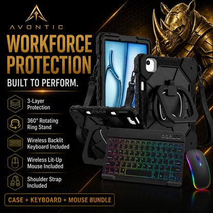 Rugged iPad Case with Backlit Wireless Keyboard & Mouse Bundle – Rotating Ring Grip, Kickstand, Shoulder Strap & Apple Pencil Slot for