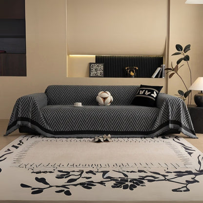 Textured Throw Blanket with Fringe Trim for Sofa | Modern Chevron Weave Furniture Protector & Decorative Accent