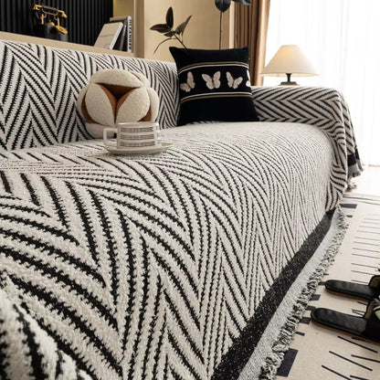Textured Throw Blanket with Fringe Trim for Sofa | Modern Chevron Weave Furniture Protector & Decorative Accent
