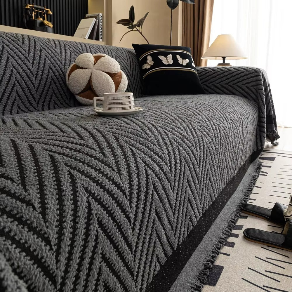 Textured Throw Blanket with Fringe Trim for Sofa | Modern Chevron Weave Furniture Protector & Decorative Accent