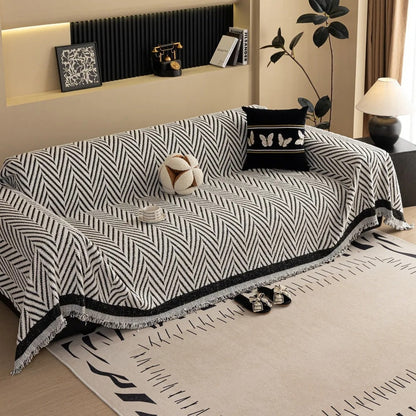 Textured Throw Blanket with Fringe Trim for Sofa | Modern Chevron Weave Furniture Protector & Decorative Accent