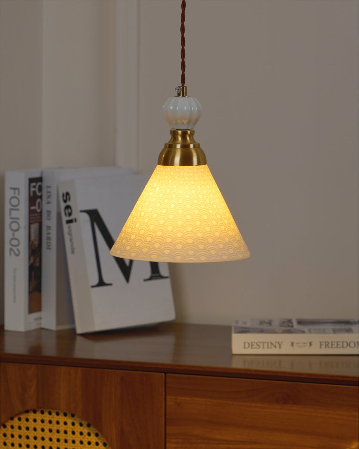 Hanging Ceiling Light Fixture White Ceramic Shade with Gold Hardware 9 in Adjustable Cord for Kitchen Island Dining Room Indoor Use E26 Sock