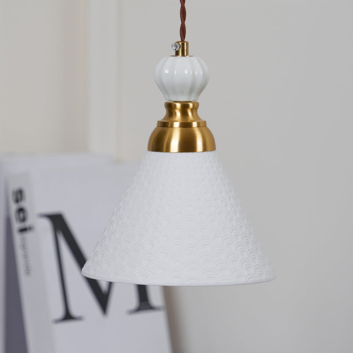 Hanging Ceiling Light Fixture White Ceramic Shade with Gold Hardware 9 in Adjustable Cord for Kitchen Island Dining Room Indoor Use E26 Sock