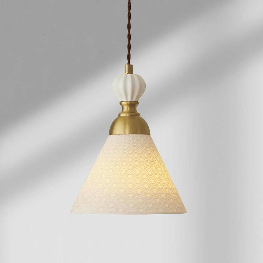 Hanging Ceiling Light Fixture White Ceramic Shade with Gold Hardware 9 in Adjustable Cord for Kitchen Island Dining Room Indoor Use E26 Sock