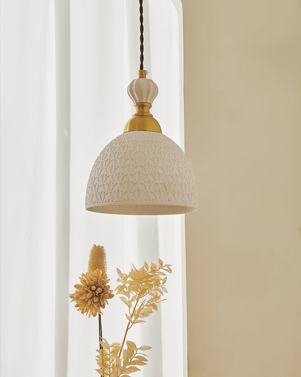 Hanging Ceiling Light Fixture White Ceramic Shade with Gold Hardware 9 in Adjustable Cord for Kitchen Island Dining Room Indoor Use E26 Sock