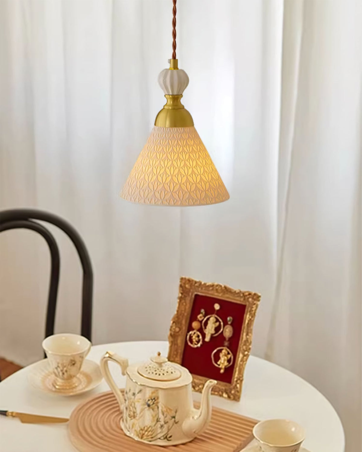 Hanging Ceiling Light Fixture White Ceramic Shade with Gold Hardware 9 in Adjustable Cord for Kitchen Island Dining Room Indoor Use E26 Sock