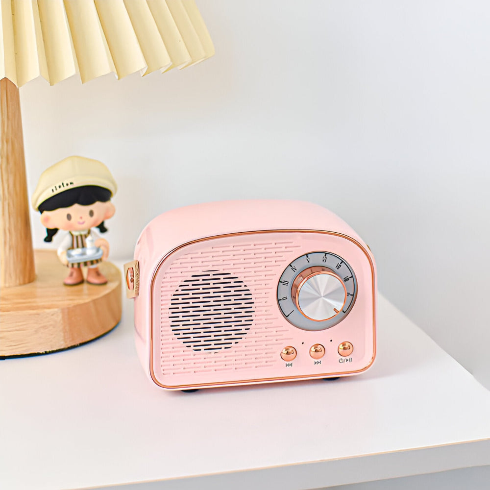 Portable Bluetooth Speaker with Vintage Dial Controls and Desktop Design for Bedroom Nightstand Audio Streaming Music Playback Home Office D