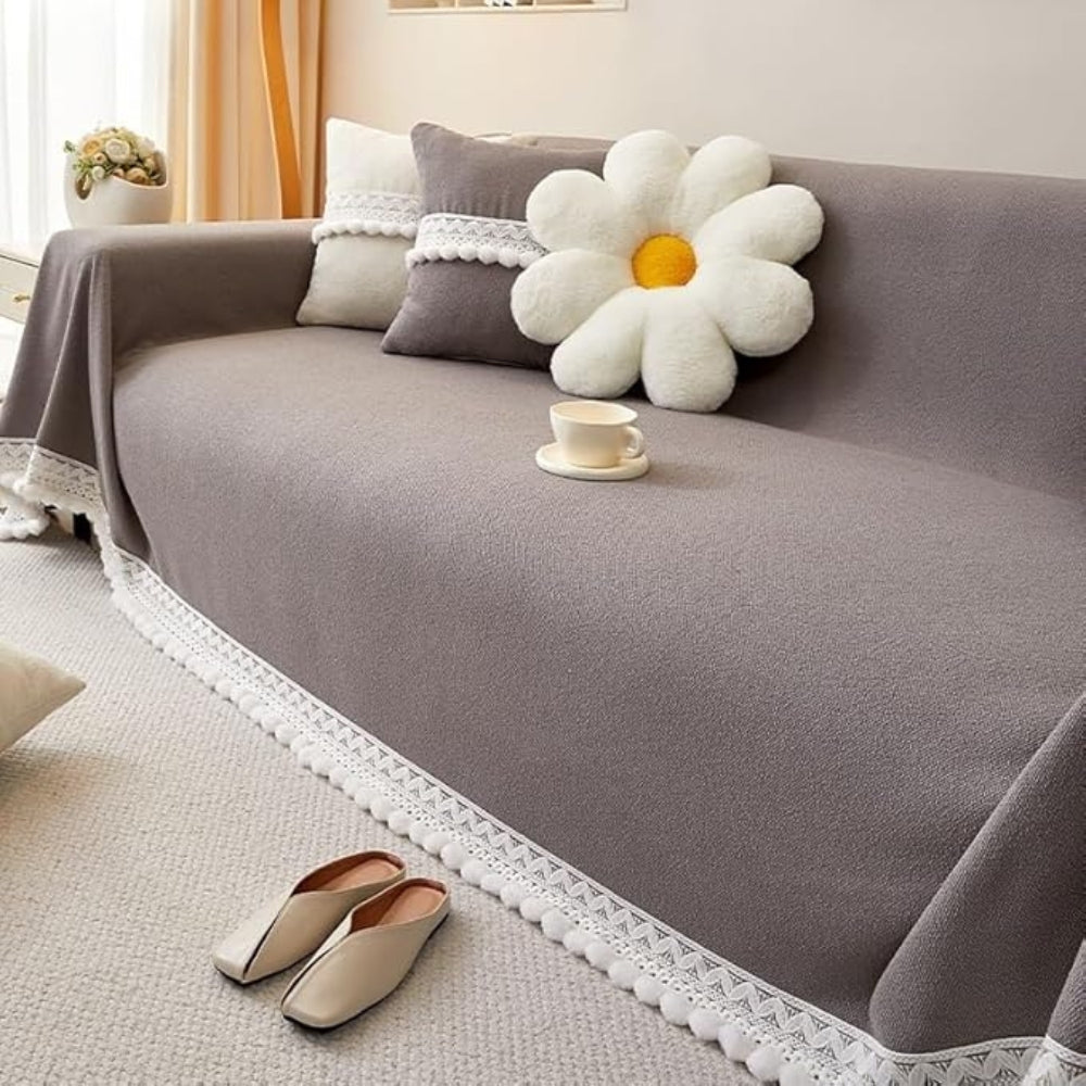Ceo Sofa Cover - Chenille with Lace Edge, Non-Slip Protection