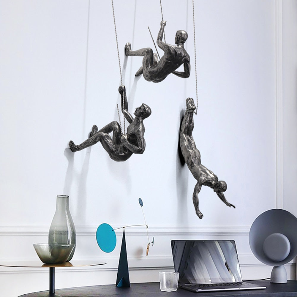 Climbing Figure Wall Sculpture | Resin & Iron Wire Art for Modern Decor