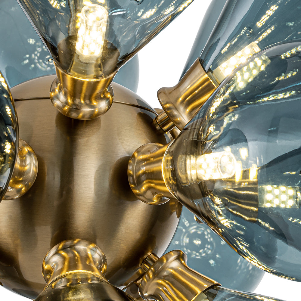 18-Light Glass Globe Ceiling Chandelier Blue Orb Sputnik Design Gold Frame Adjustable Height Hardwired for Dining Room Foyer