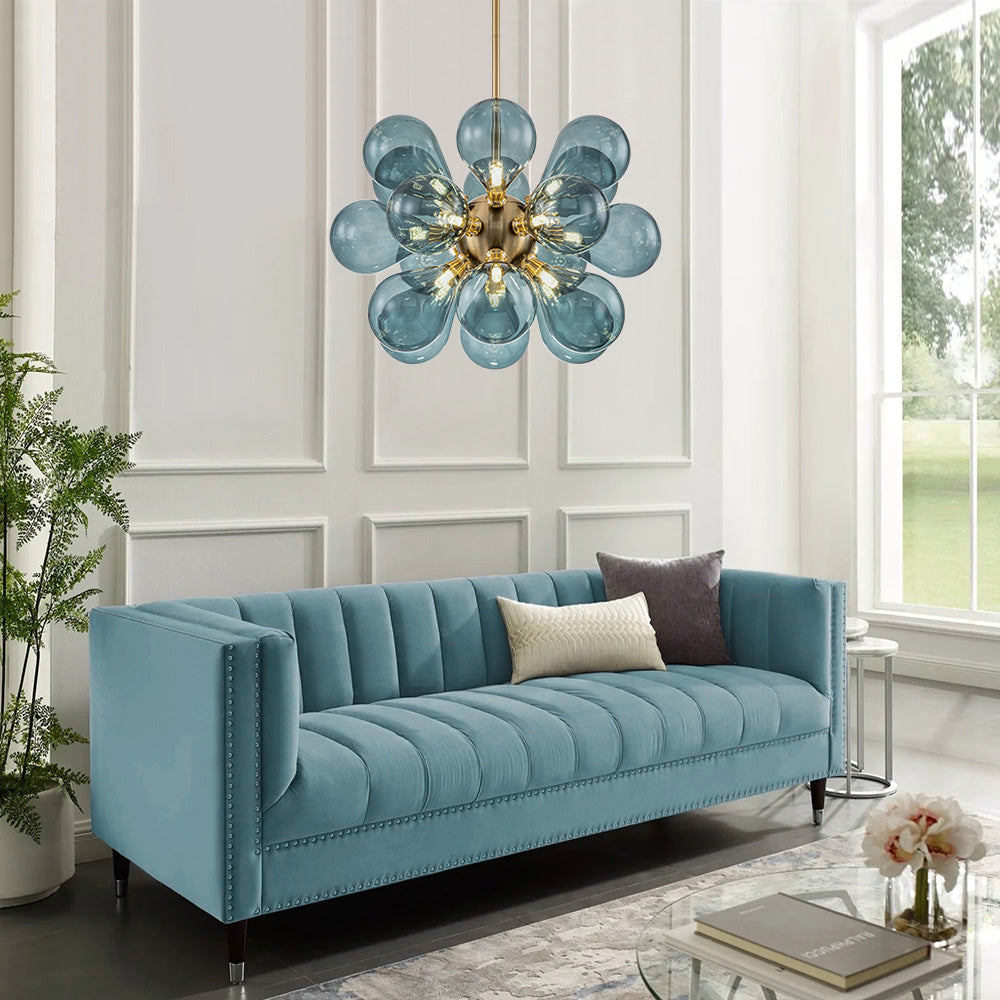 18-Light Glass Globe Ceiling Chandelier Blue Orb Sputnik Design Gold Frame Adjustable Height Hardwired for Dining Room Foyer