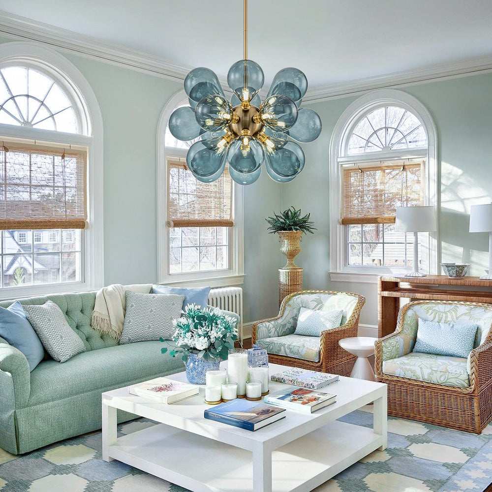 18-Light Glass Globe Ceiling Chandelier Blue Orb Sputnik Design Gold Frame Adjustable Height Hardwired for Dining Room Foyer