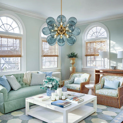 18-Light Glass Globe Ceiling Chandelier Blue Orb Sputnik Design Gold Frame Adjustable Height Hardwired for Dining Room Foyer