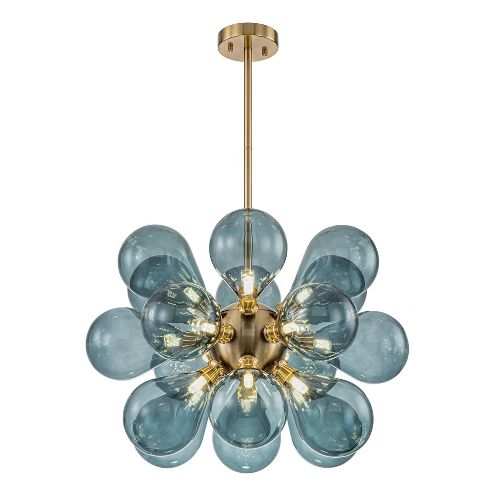 18-Light Glass Globe Ceiling Chandelier Blue Orb Sputnik Design Gold Frame Adjustable Height Hardwired for Dining Room Foyer