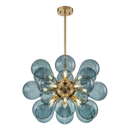 18-Light Glass Globe Ceiling Chandelier Blue Orb Sputnik Design Gold Frame Adjustable Height Hardwired for Dining Room Foyer