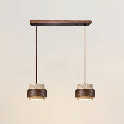Travertine Stone Pendant Light with Walnut Wood Accent Band – Natural Cylindrical Hanging Fixture for Kitchen & Dining
