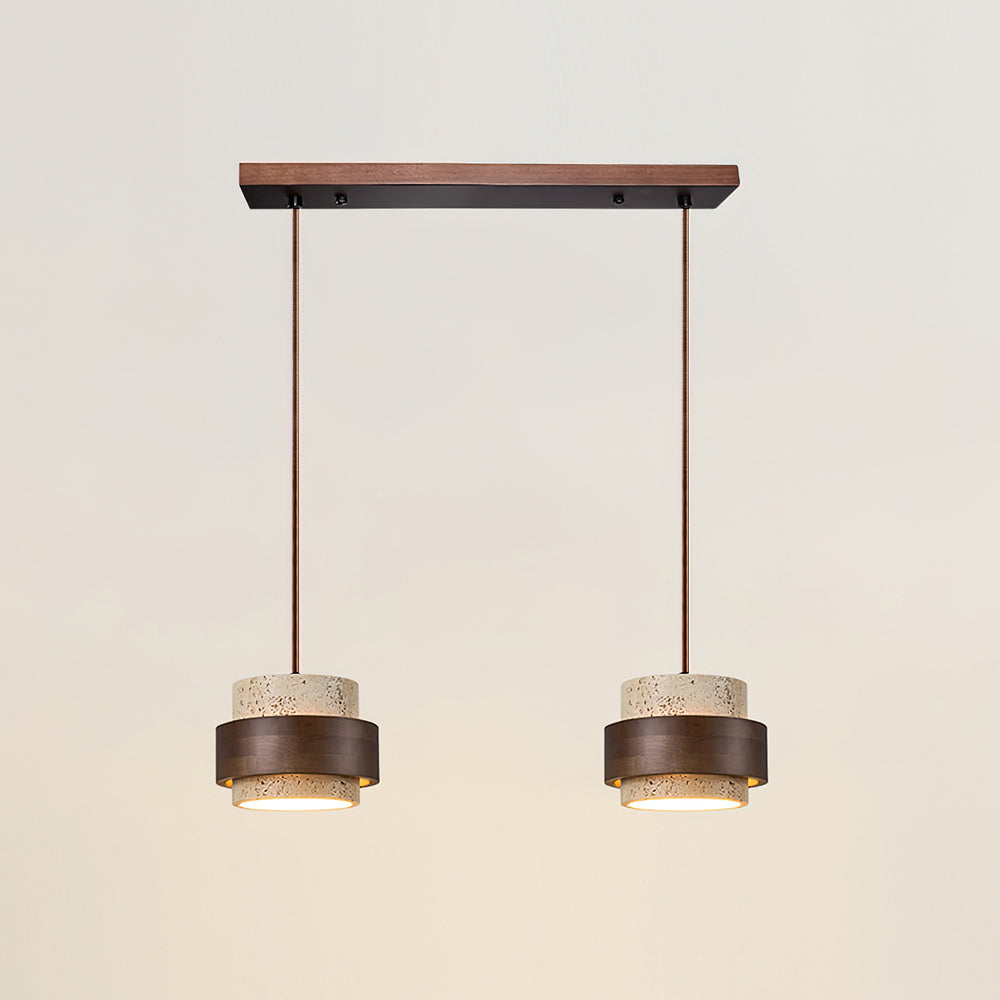 Travertine Stone Pendant Light with Walnut Wood Accent Band – Natural Cylindrical Hanging Fixture for Kitchen & Dining