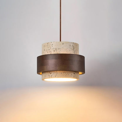 Travertine Stone Pendant Light with Walnut Wood Accent Band – Natural Cylindrical Hanging Fixture for Kitchen & Dining