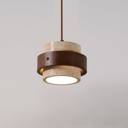 Travertine Stone Pendant Light with Walnut Wood Accent Band – Natural Cylindrical Hanging Fixture for Kitchen & Dining