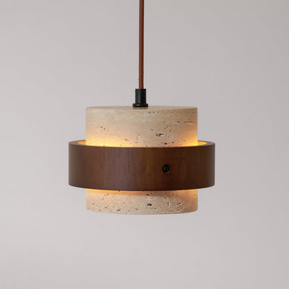 Travertine Stone Pendant Light with Walnut Wood Accent Band – Natural Cylindrical Hanging Fixture for Kitchen & Dining