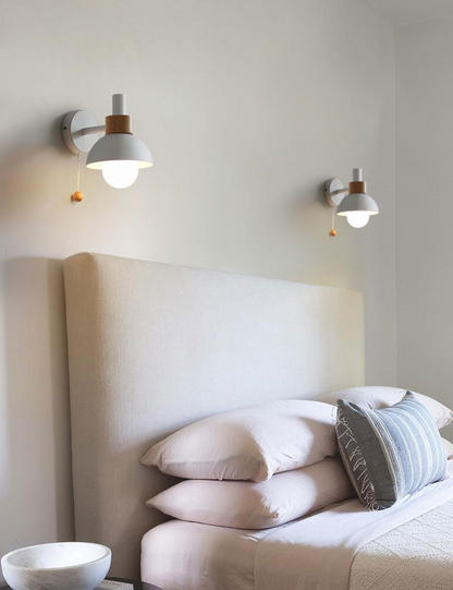 Sphere Sconce Light with Pull Cord Wood & Metal Fixture 6 in Pastel E26 Socket for Bedrooms Hallways Nurseries Entryways Modern Nordic Style