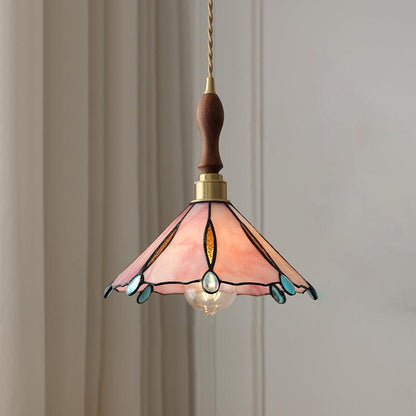 Tiffany Cone Glass Hanging Light with Adjustable Cord for Kitchen Island, Dining Table, Bedroom – Handcrafted Art Glass Ceiling Fixture in M