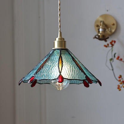 Tiffany Cone Glass Hanging Light with Adjustable Cord for Kitchen Island, Dining Table, Bedroom – Handcrafted Art Glass Ceiling Fixture in M