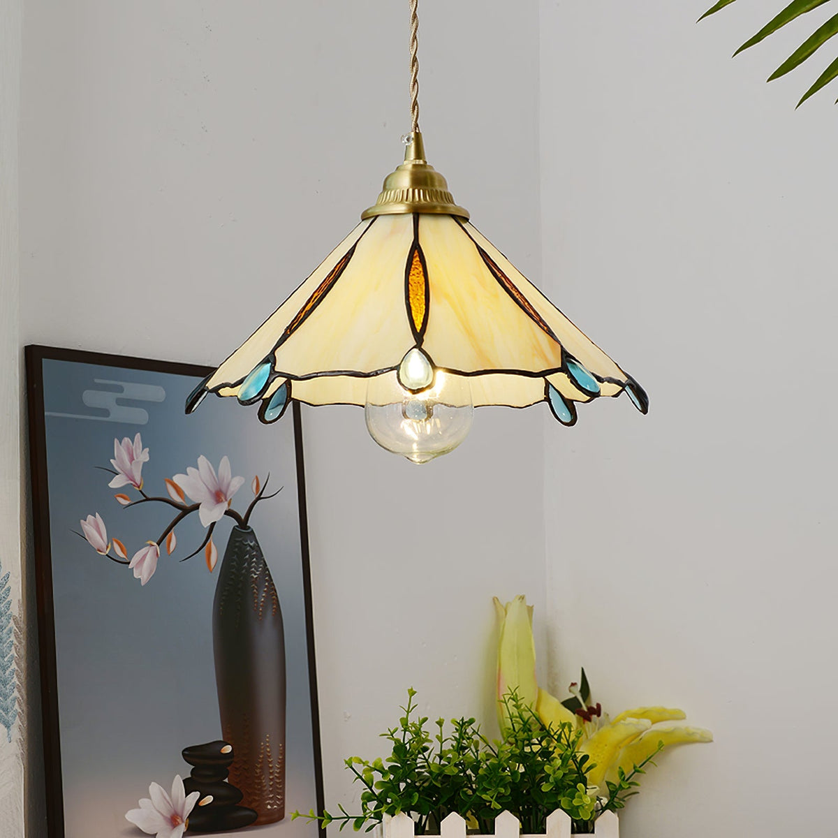 Tiffany Cone Glass Hanging Light with Adjustable Cord for Kitchen Island, Dining Table, Bedroom – Handcrafted Art Glass Ceiling Fixture in M