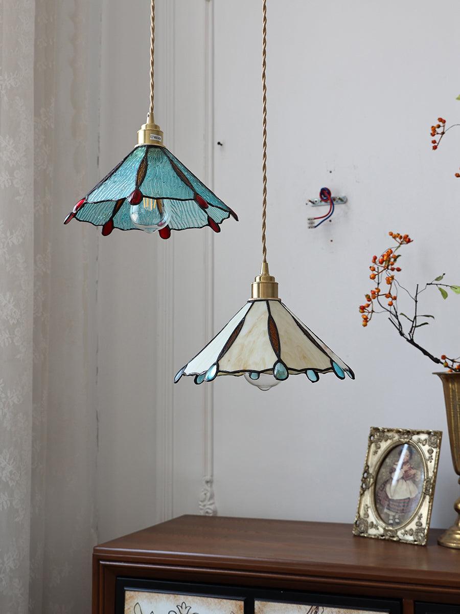 Tiffany Cone Glass Hanging Light with Adjustable Cord for Kitchen Island, Dining Table, Bedroom – Handcrafted Art Glass Ceiling Fixture in M
