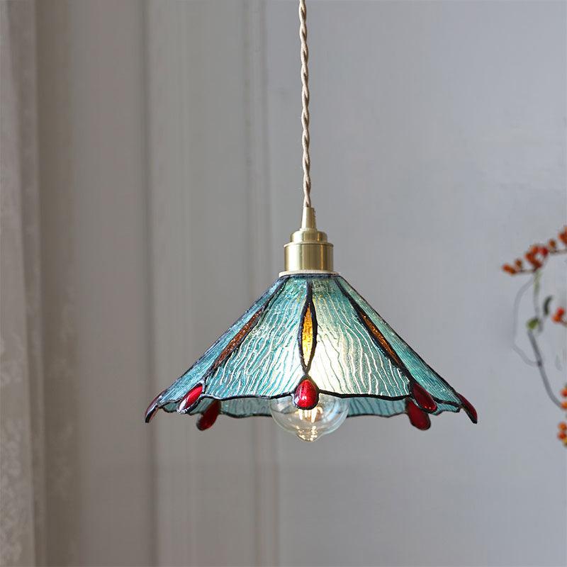 Tiffany Cone Glass Hanging Light with Adjustable Cord for Kitchen Island, Dining Table, Bedroom – Handcrafted Art Glass Ceiling Fixture in M