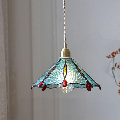Tiffany Cone Glass Hanging Light with Adjustable Cord for Kitchen Island, Dining Table, Bedroom – Handcrafted Art Glass Ceiling Fixture in M