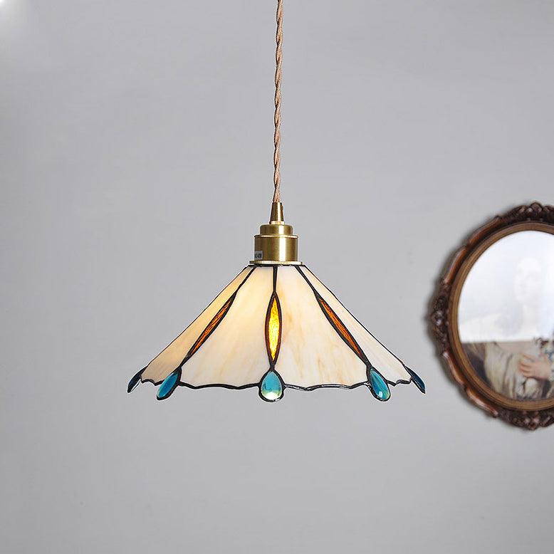 Tiffany Cone Glass Hanging Light with Adjustable Cord for Kitchen Island, Dining Table, Bedroom – Handcrafted Art Glass Ceiling Fixture in M