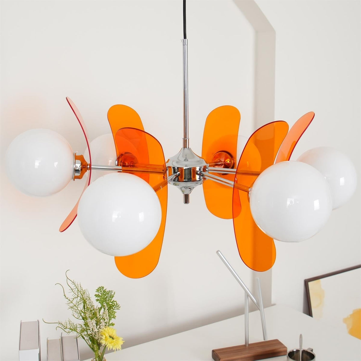Multi-Bulb Hanging Fixture Chrome & Acrylic Starburst Design for Dining Room Kitchen Living Room 24-32 in Diameter