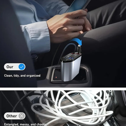 Compact Car Charger | 120W Dual USB Adapter with Retractable Cables | Fast Charging for Multiple Devices