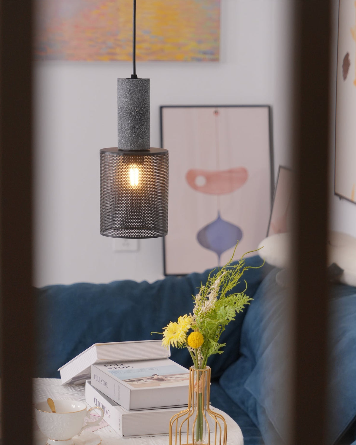 Industrial Concrete Hanging Light Fixture with Metal Accent for Dining Room, Kitchen Island & Bedroom – Adjustable Cord, E26 Socket, Modern