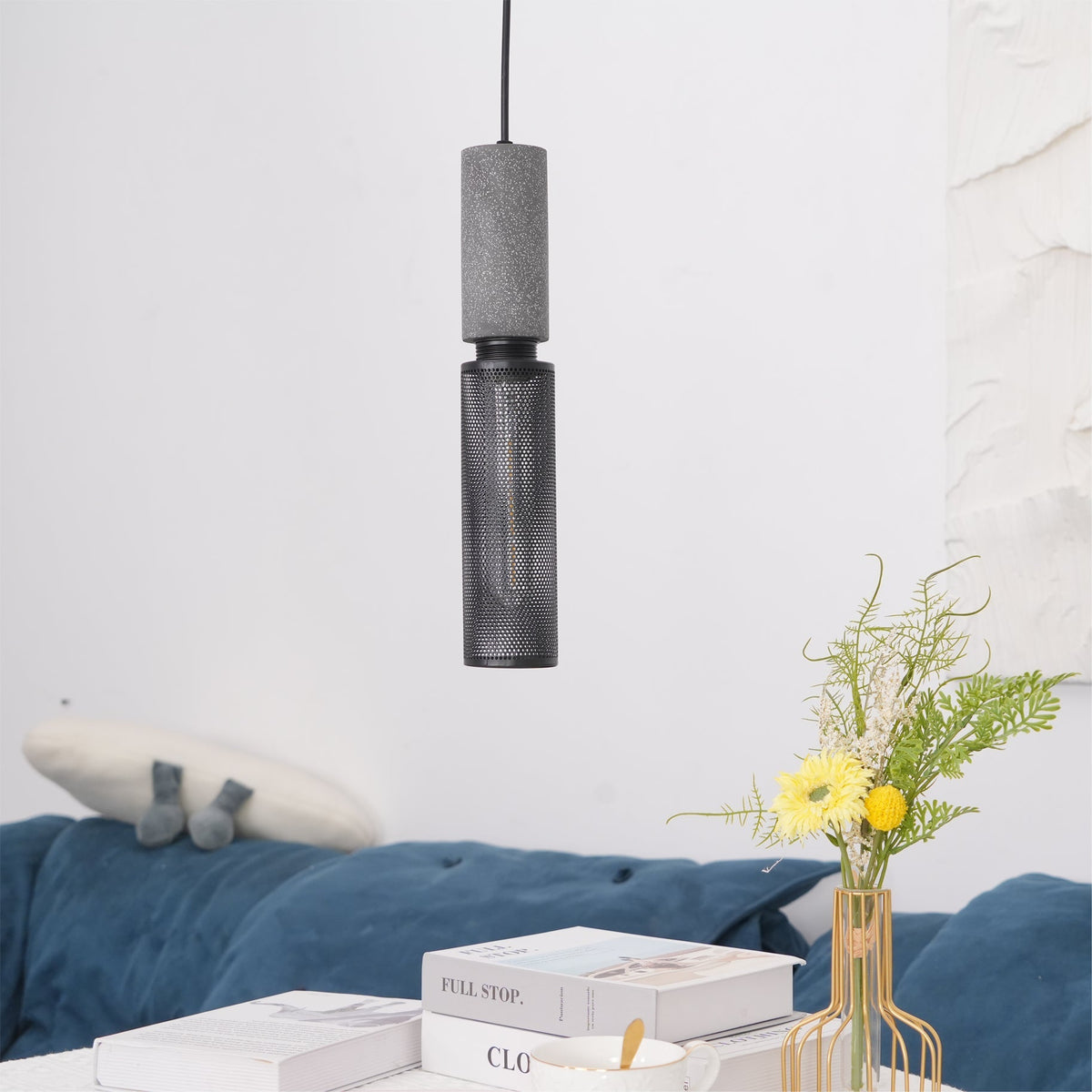Industrial Concrete Hanging Light Fixture with Metal Accent for Dining Room, Kitchen Island & Bedroom – Adjustable Cord, E26 Socket, Modern