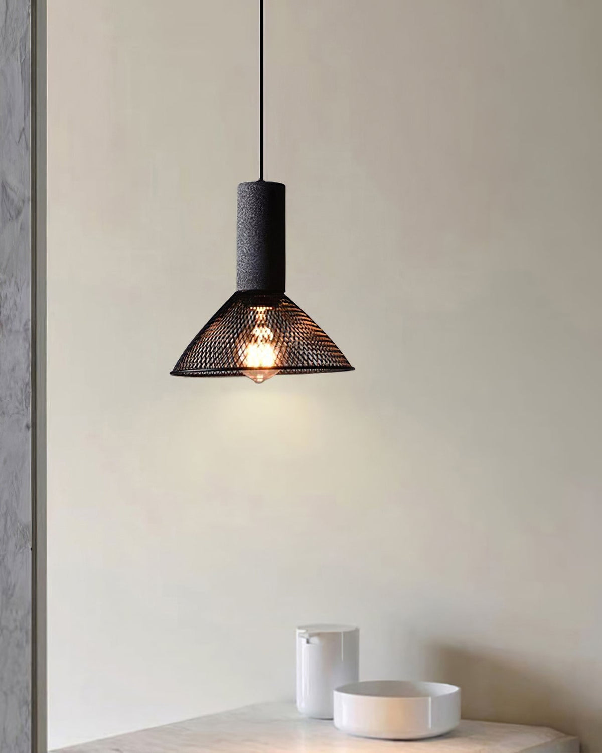 Industrial Concrete Hanging Light Fixture with Metal Accent for Dining Room, Kitchen Island & Bedroom – Adjustable Cord, E26 Socket, Modern
