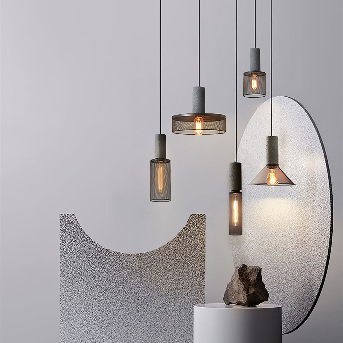 Industrial Concrete Hanging Light Fixture with Metal Accent for Dining Room, Kitchen Island & Bedroom – Adjustable Cord, E26 Socket, Modern