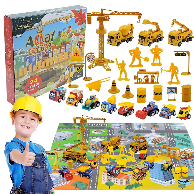 Holiday Countdown Calendar 24 Mini Vehicles Daily Reveal December Surprise Box Kids 10 in Multi-Theme Play Set Christmas Gift Children Toy