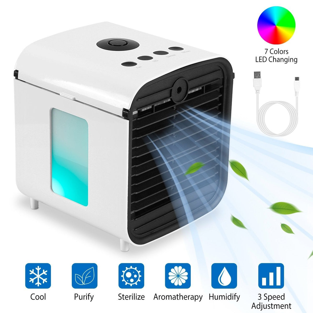 Cool Breeze | Portable Mini Air Conditioner Fan with 7 LED Colors | Humidified Air for Comfort