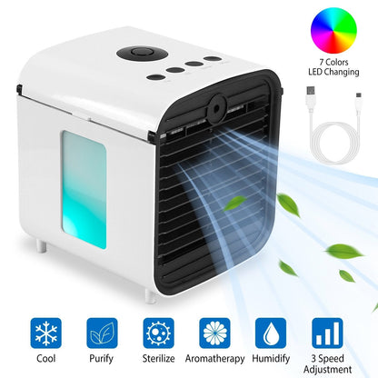 Cool Breeze | Portable Mini Air Conditioner Fan with 7 LED Colors | Humidified Air for Comfort