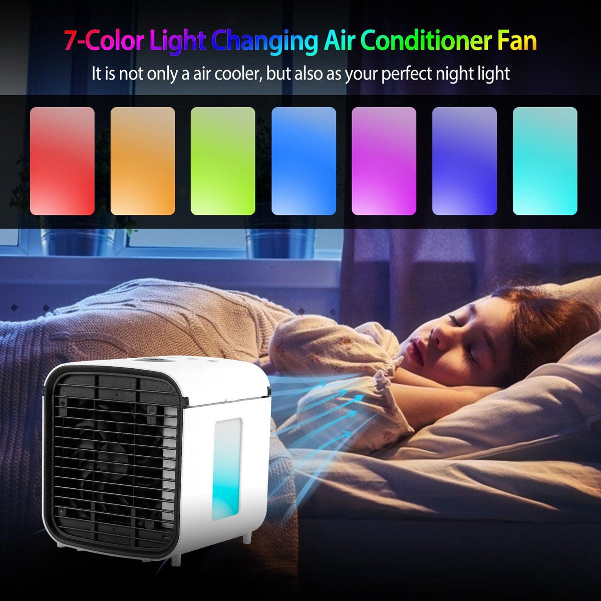 Cool Breeze | Portable Mini Air Conditioner Fan with 7 LED Colors | Humidified Air for Comfort