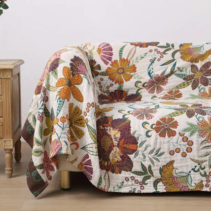 Cora Blanket Throw - 100% Cotton, Reversible Floral Design