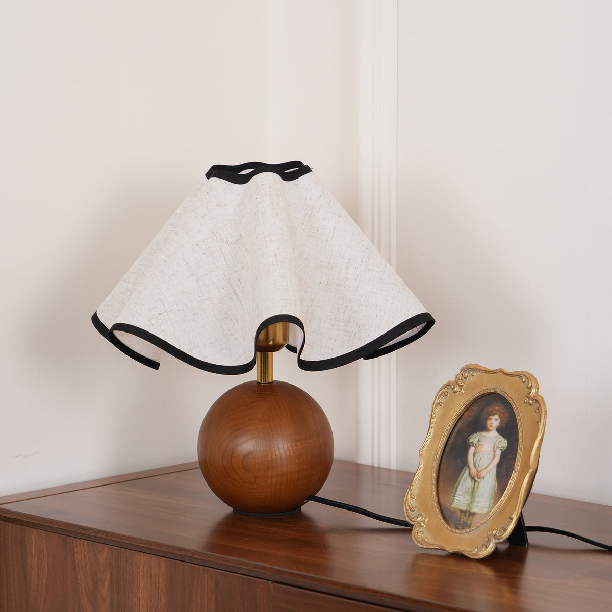 Wooden Desk Lamp with Fabric Shade for Bedroom Nightstand Reading Light Home Office Study Table Lighting 12 in Diameter Ambient Glow Bulb No