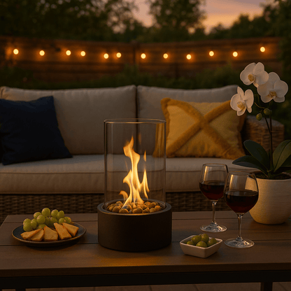 Tabletop Fireplace Bioethanol Burner 8.7 Inch Metal Glass Portable Indoor Outdoor Centerpiece Flame Decor for Patio Dining Living Room