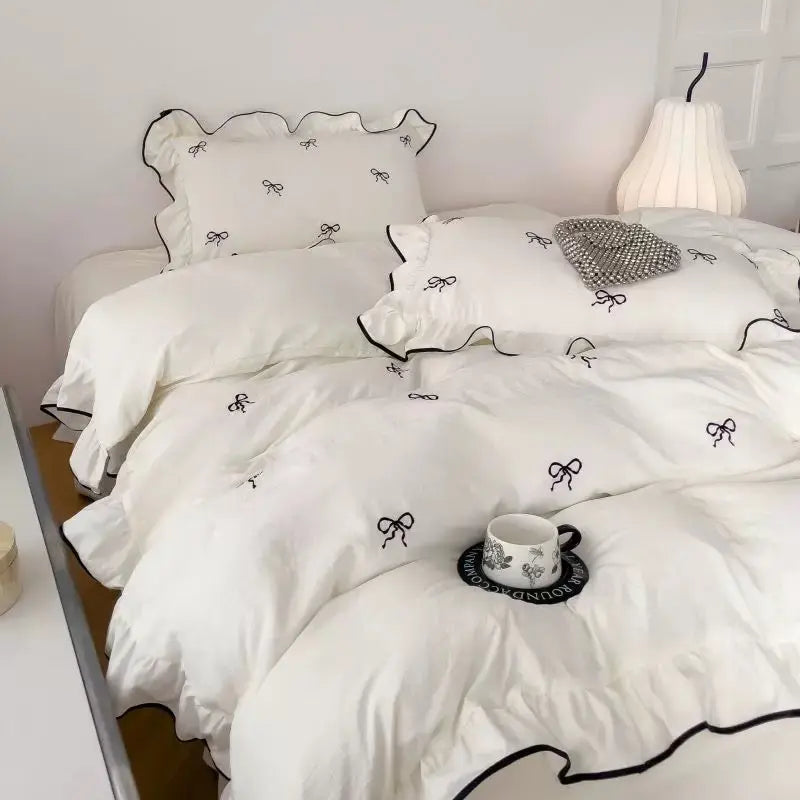 Ortekor Cozy Bow | Duvet Cover Set with Ruffle Embroidery Design | Soft Microfiber for Stylish Bedding
