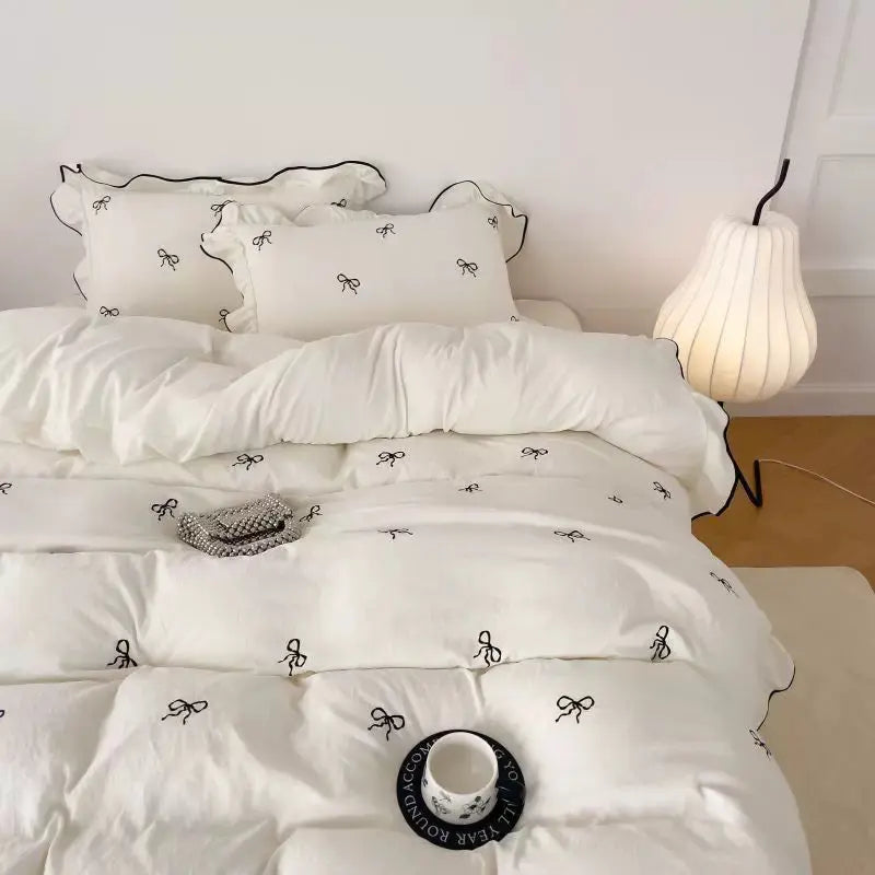 Ortekor Cozy Bow | Duvet Cover Set with Ruffle Embroidery Design | Soft Microfiber for Stylish Bedding