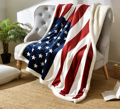 Fleece Throw Blanket, American Flag Fleece Blanket with Faux Lambswool Back, Outdoor Blanket for Couch and Camping