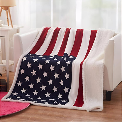 Fleece Throw Blanket, American Flag Fleece Blanket with Faux Lambswool Back, Outdoor Blanket for Couch and Camping
