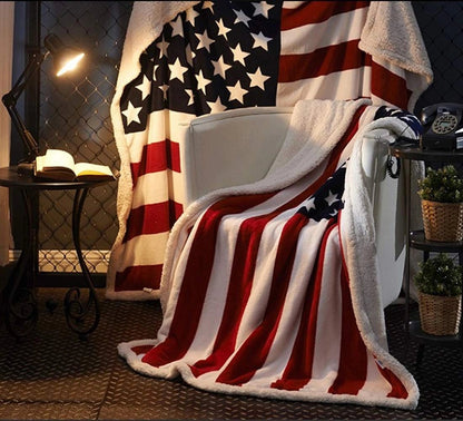 Fleece Throw Blanket, American Flag Fleece Blanket with Faux Lambswool Back, Outdoor Blanket for Couch and Camping